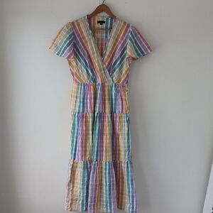 J. Crew V-neck Cotton Faux-wrap Dress Rainbow Gingham Seersucker Size 8